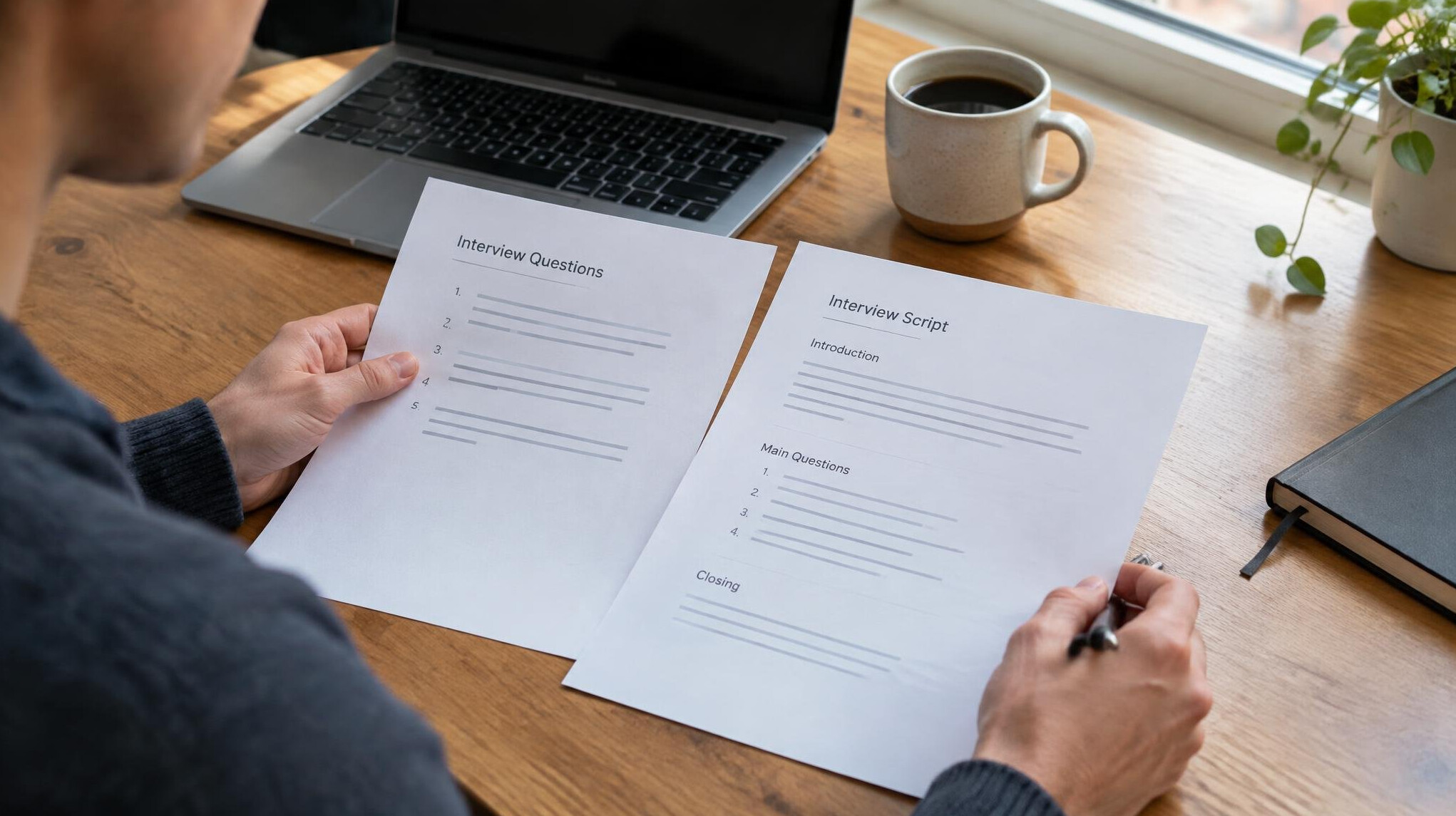 Person reviewing printed notes and a script at a wooden desk