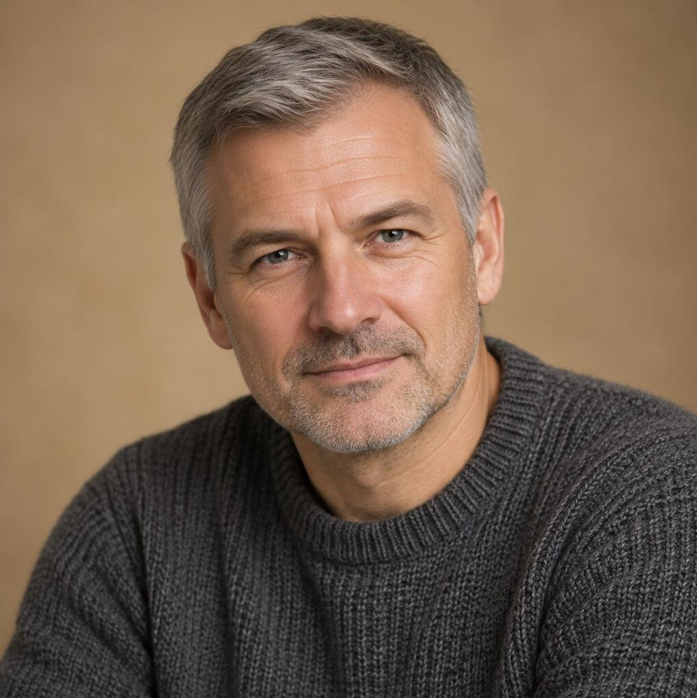 Studio portrait of a senior man in a knit sweater